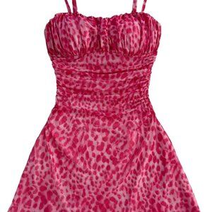 Women's Leopard Print Mini Dress Viscose Spaghetti Strap Mesh Summer Dress